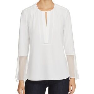 Elie Tahari Owen Cream Silk Chiffon Trim Pleated Blouse Bell Sleeve Top